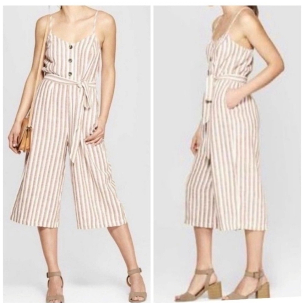 Universal Thread XS Linen Jumpsuit Striped Romper Wide Leg Crop AM-2145